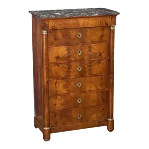 French Semainier or Tall Chest of Walnut With Marble Top