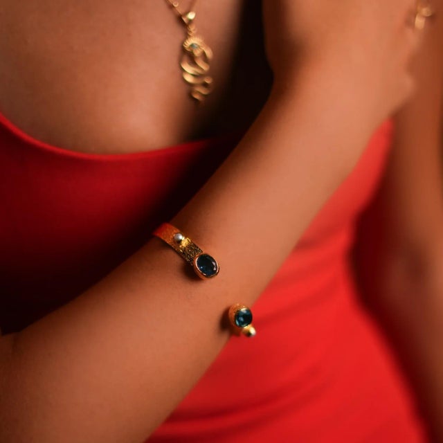 Cleopatra Blue Topaz & Pearl Adjustable Gold Cuff Bracelet For Sale - Image 4 of 6