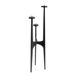 Large Brutalist Tripod Chandelier in Hammered Wrought Iron, Europe, 1960 For Sale