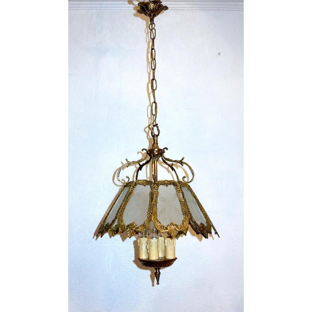 Antique French Brass and Glass Chandelier from Unbekannt, 1930s For Sale - Image 4 of 10