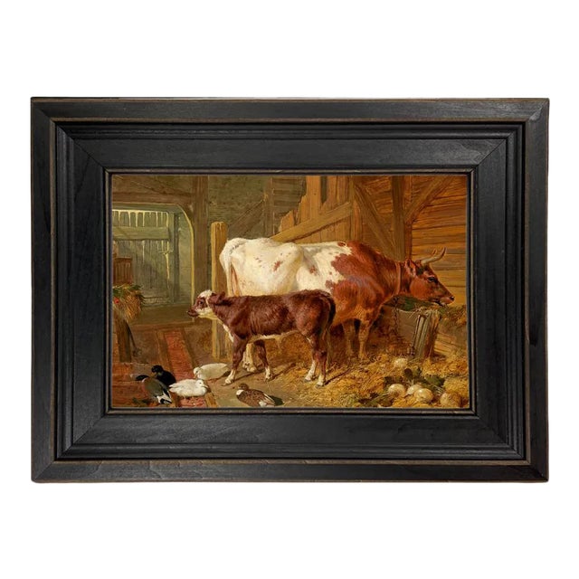 "Cow and Her Calf in Stable Interior With Ducks" Contemporary Reproduction Print on Canvas After Herring, Framed 10-3/4" X 13-3/4" For Sale