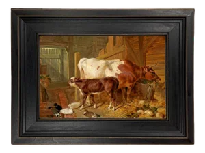 "Cow and Her Calf in Stable Interior With Ducks" Contemporary Reproduction Print on Canvas After Herring, Framed 10-3/4" X 13-3/4"