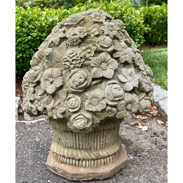 French Country Cast Stone Flower Basket Sculpture Garden Ornament Mid 20th Century For Sale - Image 3 of 18
