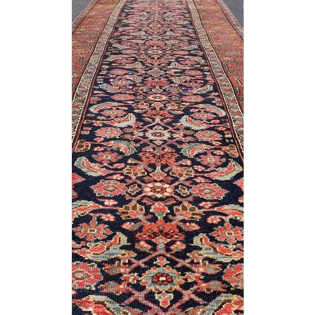 Early 20th Century Antique Persian Gallery Malayer Runner in Blue Background With Multi Colors 3'6 X 12'7 For Sale - Image 5 of 12