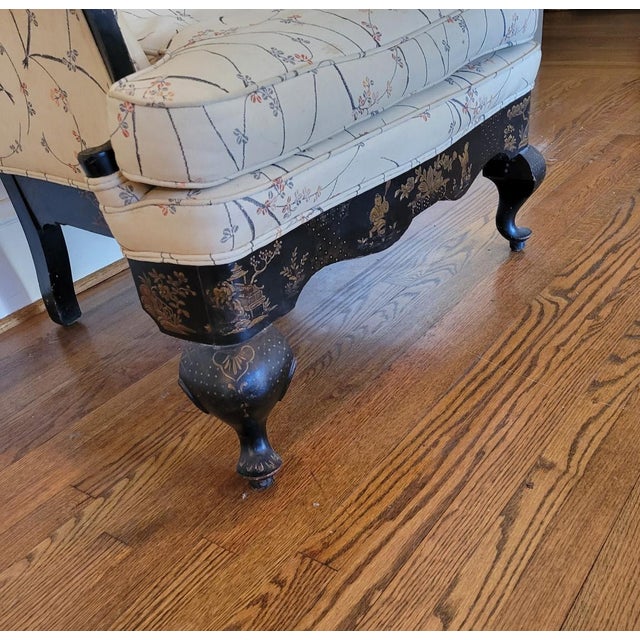 1900 - 1909 Antique Black Japanned & Gilt Chinoiserie Queen Anne Revival Wingback Chair, Circa 1900 For Sale - Image 5 of 11