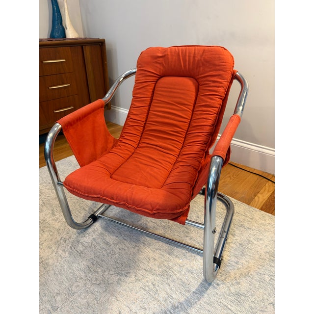 Mid-Century Modern Pair (2) of 1970s Mid-Century Modern Attributed Vecta Zermatt Chrome and Canvas Sling Chairs For Sale - Image 3 of 12