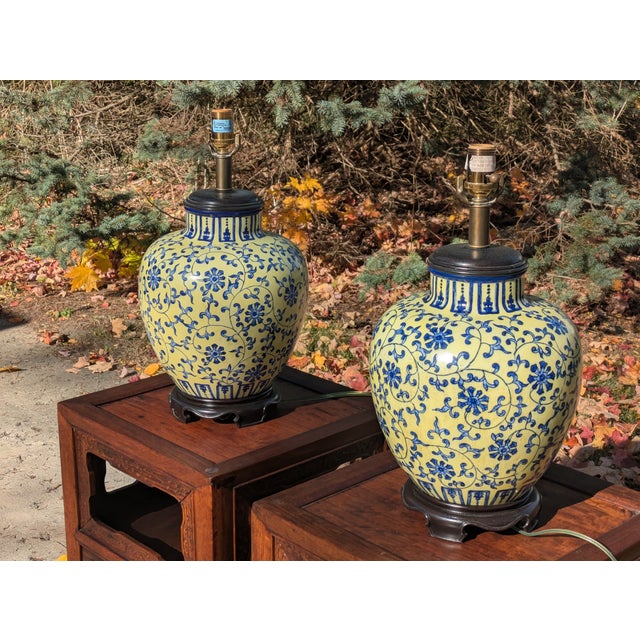 Ceramic Late 20th Century Pair of Vintage Chinese Yellow and Blue Ginger Jar Lamps For Sale - Image 7 of 13