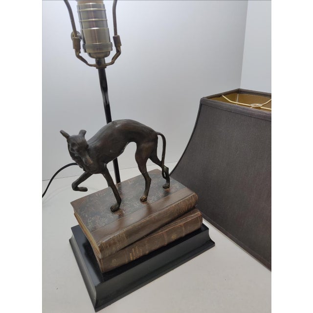 Vintage 1980s Bronze Whippet / Greyhound Dog Standing on Stacked Books Lamp For Sale - Image 10 of 12