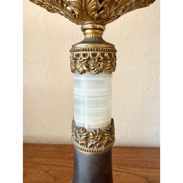 1920s Antique Bradley & Hubbard Banquet Brass & Onyx Parlor Lamp, Electrified W/ Painted Globe For Sale - Image 5 of 18