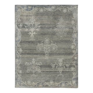 Rug & Kilim’s Block Print Rug With Gray Floral Vases and Vine Border For Sale