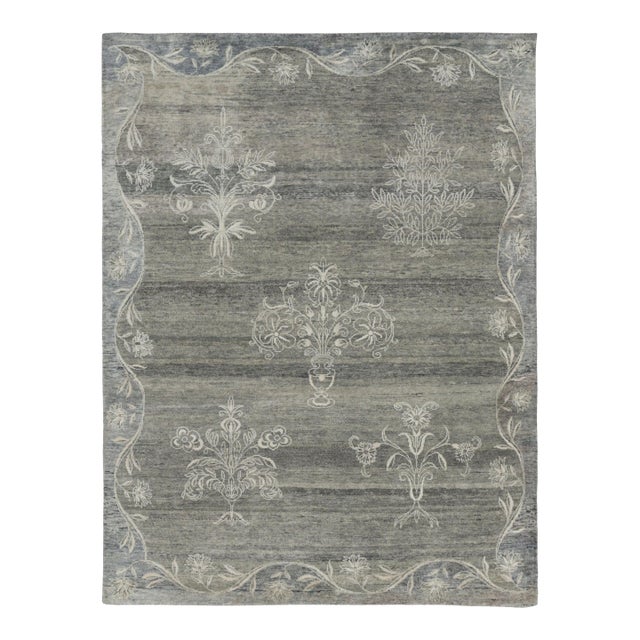 Rug & Kilim’s Block Print Rug With Gray Floral Vases and Vine Border For Sale