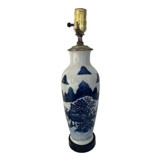 Antique Blue and White Chinese Porcelain Signed Chopmarks Pagoda Mountains Lamp For Sale