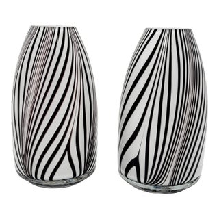 Pair Hand-Blown Art Glass Vases White Oxblood Striped Murano Style MCM For Sale