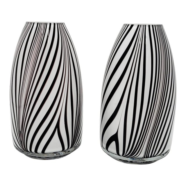 Pair Hand-Blown Art Glass Vases White Oxblood Striped Murano Style MCM For Sale