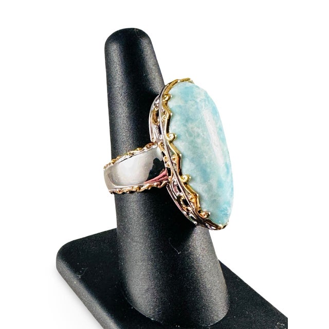 Larimar Large Gemstone Ring Sterling Silver & Gold Vermeil Sz 7 New! For Sale - Image 4 of 7