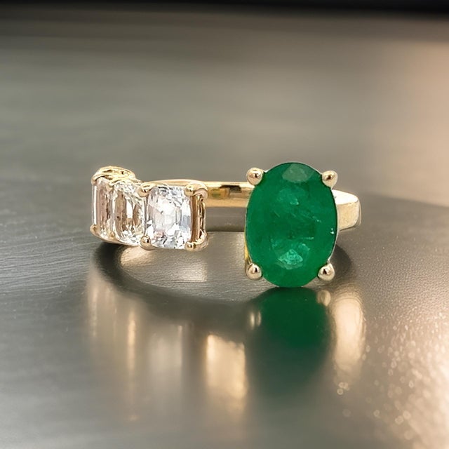 Natural Emerald and White Sapphire Ring 6.5 14k Y Gold 4.05 TCW Certified For Sale - Image 15 of 18