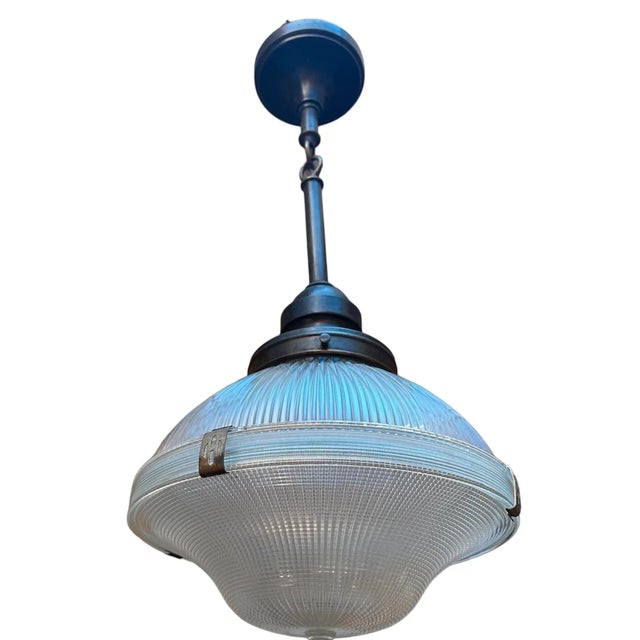 Holophane 4 Clip Glass Pendant on Brass Holder, Circa 1930 For Sale In Los Angeles - Image 6 of 6