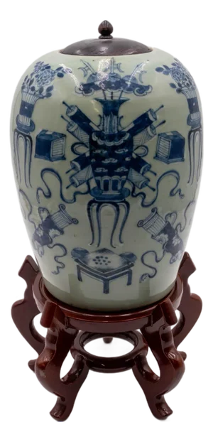 Porcelain Blue & White Ginger Jar W/ Lid & Wood Base