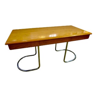 1970s Italian Vintage Curved Ash with Nickel Legs Three-Drawer Desk For Sale