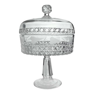 19th Century Early American Glass Ripley & Co. Mascotte Pattern Pedestal Compote With Lid For Sale