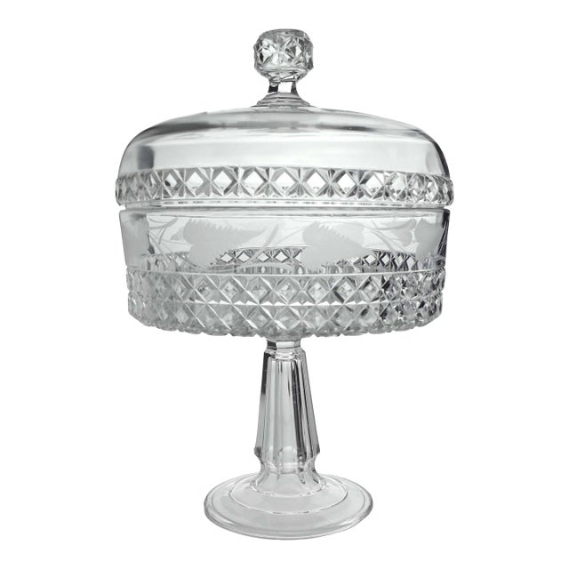 19th Century Early American Glass Ripley & Co. Mascotte Pattern Pedestal Compote With Lid For Sale