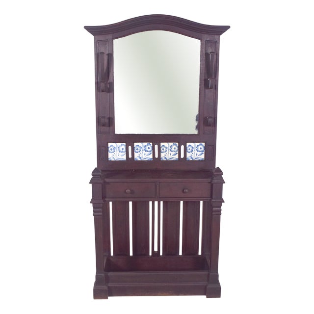 Portuguese Coat Rack with Tiles and Mirror, 1920s For Sale