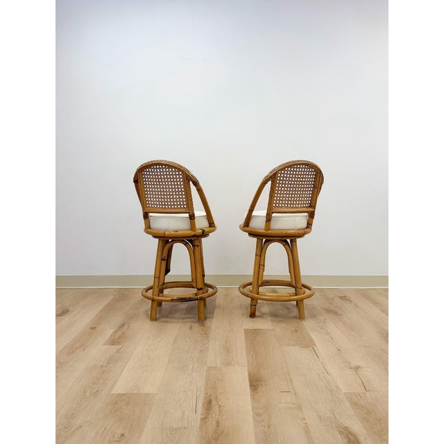 Vintage Coastal Hollywood Regency Caned Rattan Swivel Barstools Counter Height For Sale - Image 10 of 13