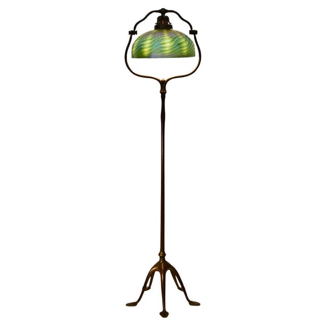 Tiffany Studios Bronze Harp Floor Lamp With Green Damascene Favrile Glass Shade For Sale - Image 9 of 9