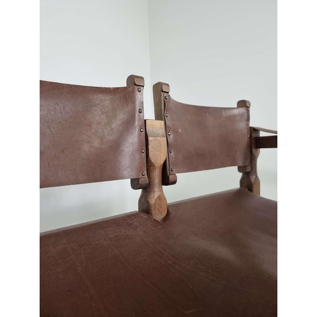 Animal Skin Spanish Brutalist Safari Bench in Brown Leather For Sale - Image 7 of 14