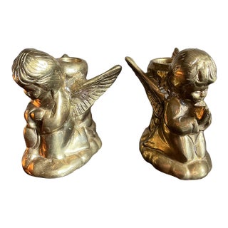 Pair of Vintage Bronze Angel Cherub Candleholders For Sale