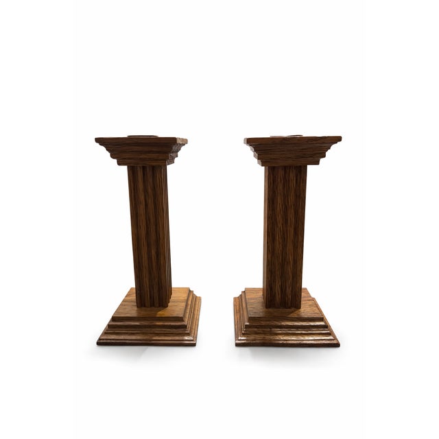 1930s Art Deco Oak Candlesticks with Original Brass Inserts by Meubelfabriek Oisterwijk, 1930s, Set of 2 For Sale - Image 5 of 9