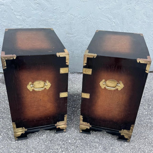 Mid 20th Century Vintage Chinese Burlwood and Brass Nightstands - A Pair For Sale - Image 5 of 10