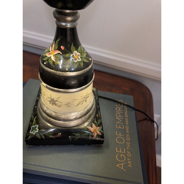 Black Large Vintage Hand-Painted Chinoiserie Black Lacquer Urn Table Lamp For Sale - Image 8 of 10