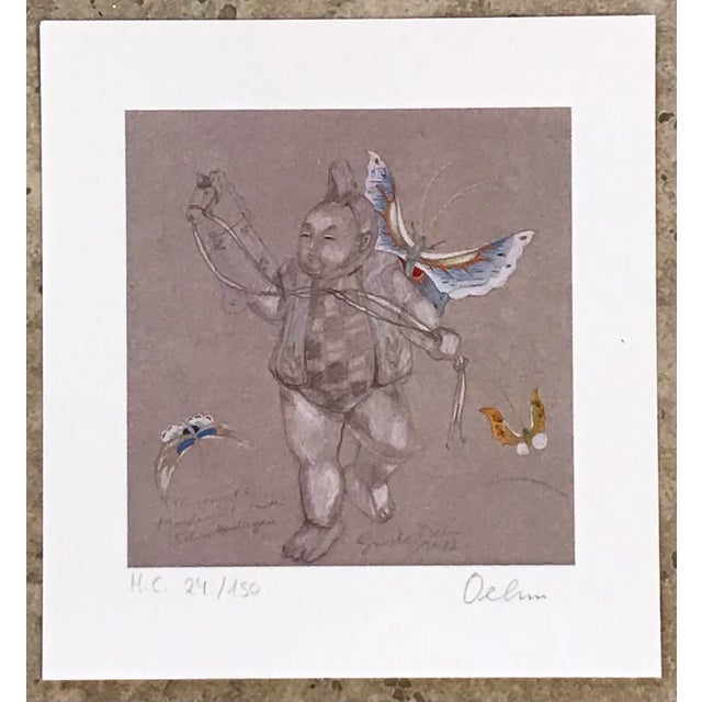 1980s 1982 Gunda Oehm Chinese Figure with Butterflies Signed Lithograph For Sale - Image 5 of 5