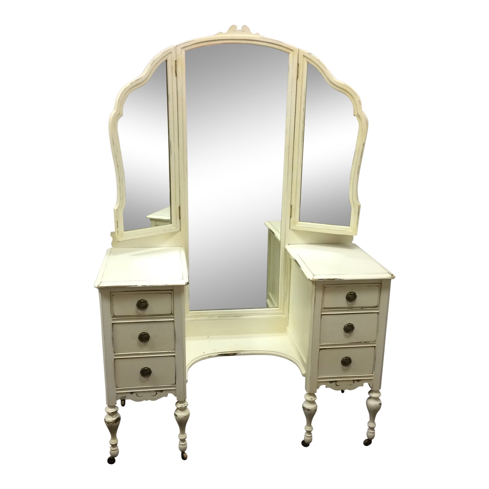 Depression Era TriFold Mirrored Vanity Dresser Painted Walnut Wood
