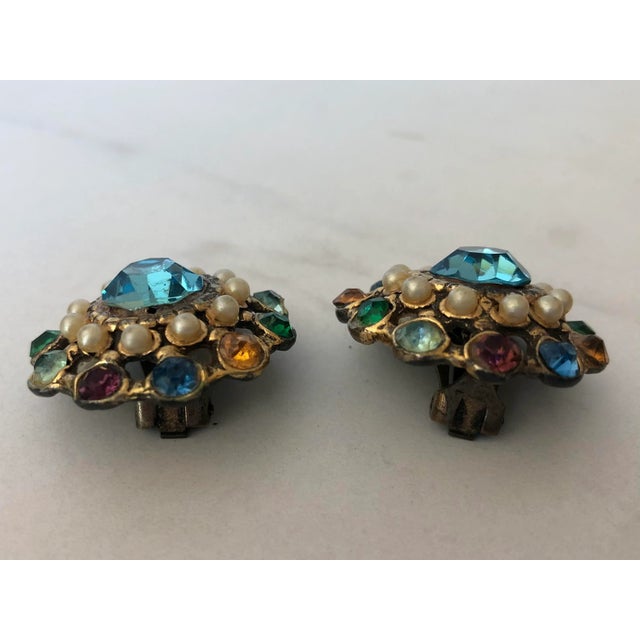 Mid 20th Century Vintage Mexican Colored Crystal and Petit Point Pearl Cluster Earrings - 2 Pieces For Sale - Image 5 of 8