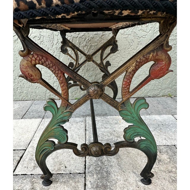 Black Vintage Mid 20th Century Cast Iron Bench With Leopard Print Upholstered Seat For Sale - Image 8 of 12