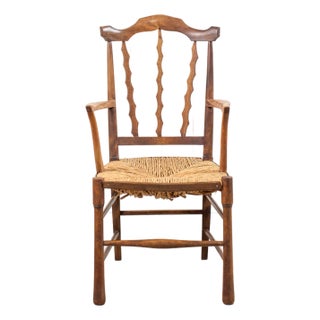 Arts & Crafts Chair With Carved Back (Elm + Rush) For Sale