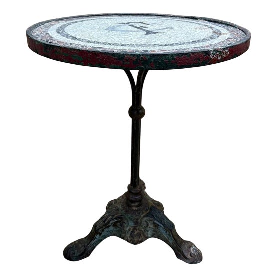 Bistro Side Table with Cast Iron Base and Mosaic For Sale