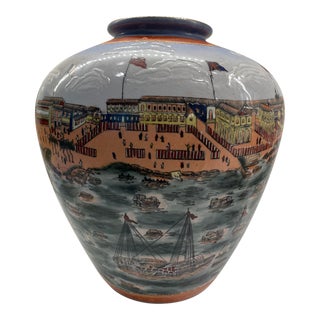 Very Large Late 20th Century Hand-Painted Chinese Temple Jar With Crackle Glaze Depicting Hongs at Canton For Sale