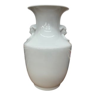 White Glazed Ceramic Vase with Foo Dog Handles For Sale