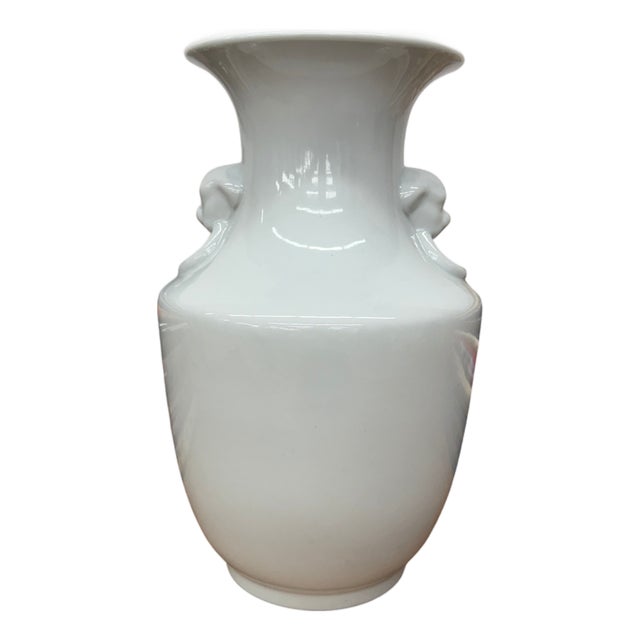 White Glazed Ceramic Vase with Foo Dog Handles For Sale