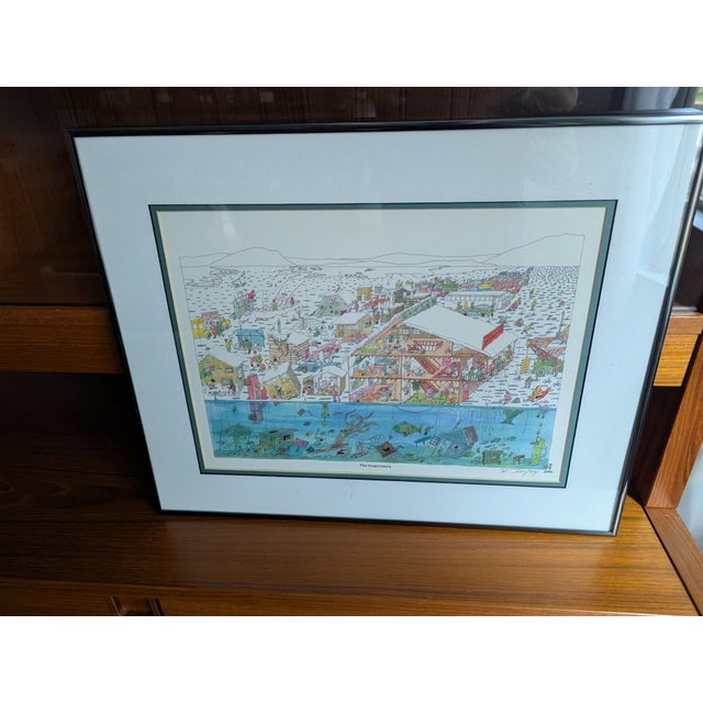 Blue 1987 Pencil Signed Bruce Johnson Whimsical Ice Fishing Print "The Augernauts" Framed For Sale - Image 8 of 9