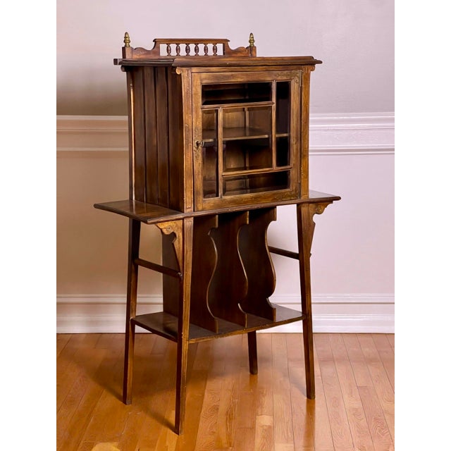 Brown Art Nouveau Walnut Display or Music Cabinet With Beveled Glass and Easel Stand, C. 1910s For Sale - Image 8 of 17