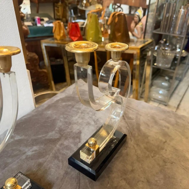 Two 1970 Mid-Century Modern Black and Clear Lucite and Brass French Candlesticks For Sale - Image 14 of 14