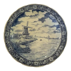 Vintage Large Delft Boch Blue and White Plate With Sea and Windmill Scene