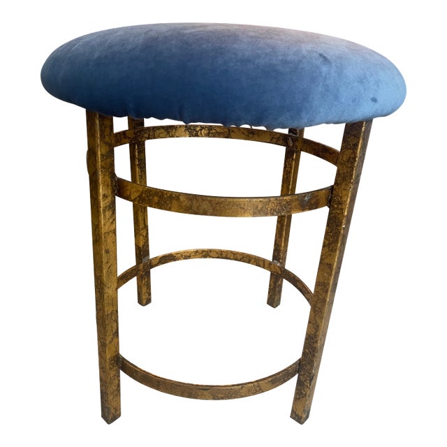 Italian Gilt Metal Vanity Stool, Blue Velvet Seat, Italy For Sale