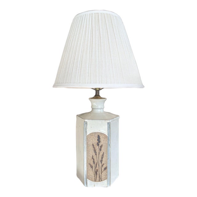Vintage Earthenware Pottery Botanical Lavendar Table Lamp W/ Lampshade For Sale