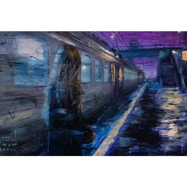 This oil on panel artwork captures a moody train station scene, where a solitary figure stands in dim light, surrounded by...