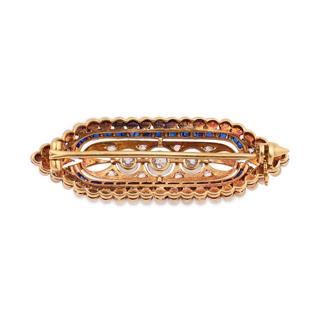 1910s Edwardian Diamond Pearl Sapphire Platinum and Yellow Gold Brooch For Sale - Image 4 of 6